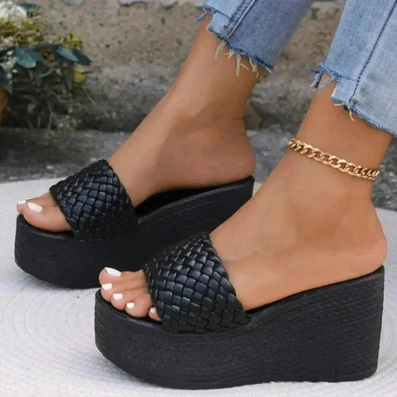 Women's Weave Striped Checkered Slip-On High-Heeled Sandals, Peep Toe Black - Picture 5 of 7